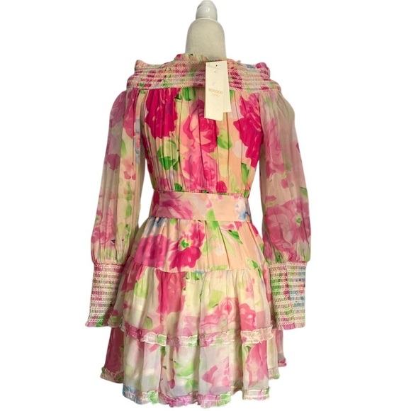 Rococo Sand Alora Mini Dress Multi Pink Floral Chiffon Off Shoulder NWT - Picture 4 of 7